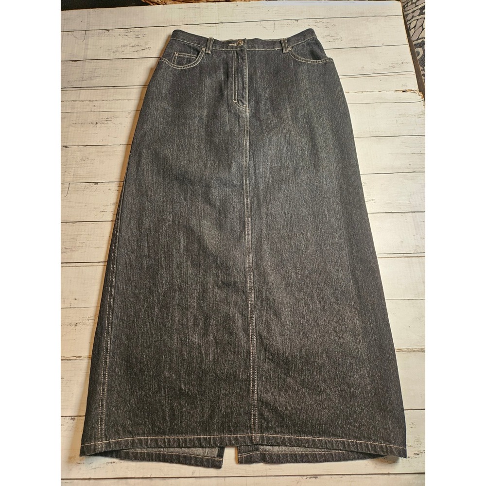Style & Co Petite Denim Maxi Skirt Dark Wash Black Cotton A-Line Back Slit 6P
